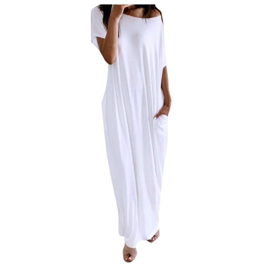 thumbnail image 2 of Vestido largo holgado de manga corta para mujer: hombros inclinados, bolsillos, poliéster, informal, tallas S-XL, 4-10 EE. UU., 2 of 8